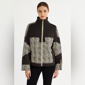 POL Patchwork Ribbed Jacket Vintage Style Mock Neck Boho Jacket